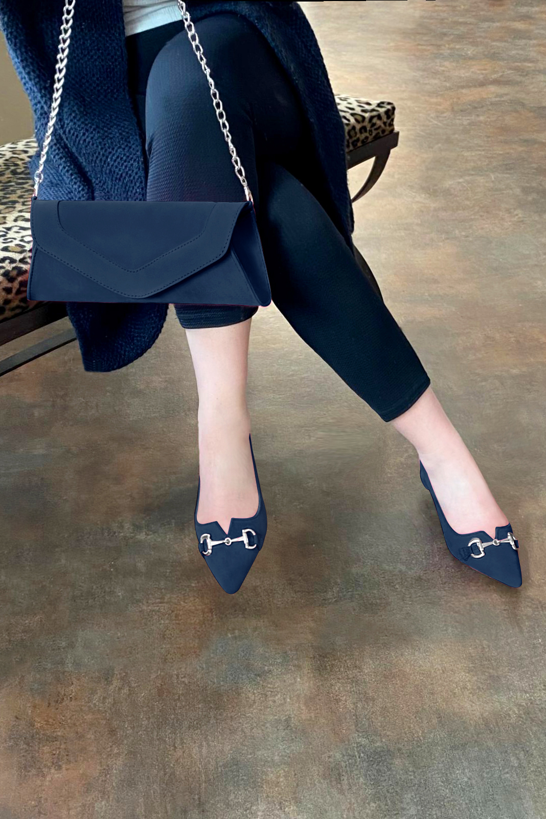 Navy blue women's dress pumps,with a square neckline. Tapered toe. Low flare heels. Worn view - Florence KOOIJMAN